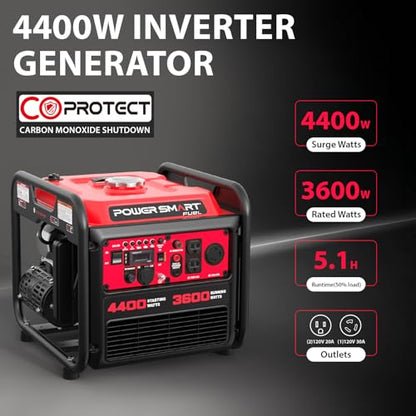 PowerSmart 4400-Watt Open Frame Inverter Generator, Gas Powered, CO-Sensor, Lightweight & Quiet for Home Use and Emergency Backup, Camping, EPA Compliant