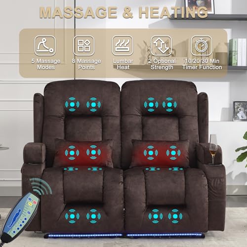 URRED Power Loveseat Recliner Sofa with Massage and Heat, Wall Hugger Reclining Loveseat, RV Couch Home Theater Seating with LED Lights for Living Room (Brown, 54" - 2 Seats) - color: Brown, size: 54" - 2 Seats