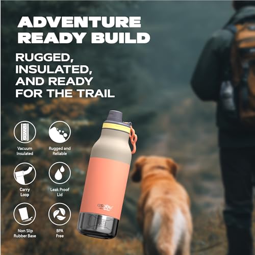 asobu Buddy Bottle a Stainless Steel Insulated Water Bottle for with Removable Dog Water Bowl and Dog Food and Treat Storage Bowl (Pastel Peach, 34 Oz) - color: Pastel Peach