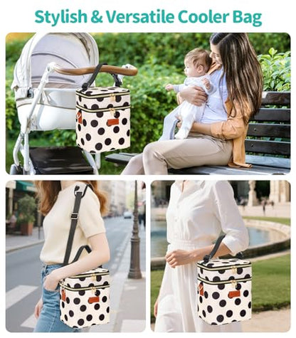 PIIOSER Breastmilk Cooler Bag with Ice Pack, Fits 6 Baby Bottles Up to 9 Oz, Stylish Baby Cooler Travel Bags with Shoulder Strap, Double Layer & Leakproof for Nursing & Working Moms, Black Polka Dots - color: Black Polka Dots