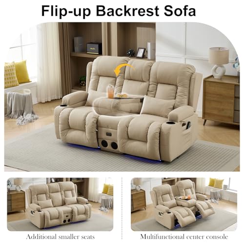 TUNYI Power Loveseat Recliner Sofa with Massage & Heat Home Theater Seating with Console RV Recliner Loveseat Sofa with USB/Storage/Side Pocket/LED Light/Speaker (Beige, Loveseat) - color: Beige, size: 2 Seat