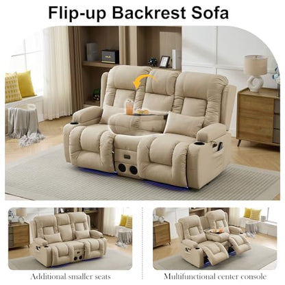 TUNYI Power Loveseat Recliner Sofa with Massage & Heat Home Theater Seating with Console RV Recliner Loveseat Sofa with USB/Storage/Side Pocket/LED Light/Speaker (Beige, Loveseat) - color: Beige, size: 2 Seat