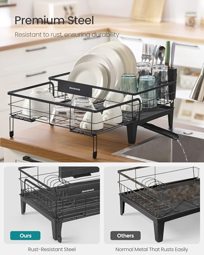SONGMICS Dish Drying Rack, Kitchen Dish Rack with Drainboard, 360° Rotatable and Extendable Spout, with Cutlery Holder, (12.2-22) x 16.5 x 7.9 Inches, Ink Black UKCS552B01 - color: Ink Black, style: with Holder