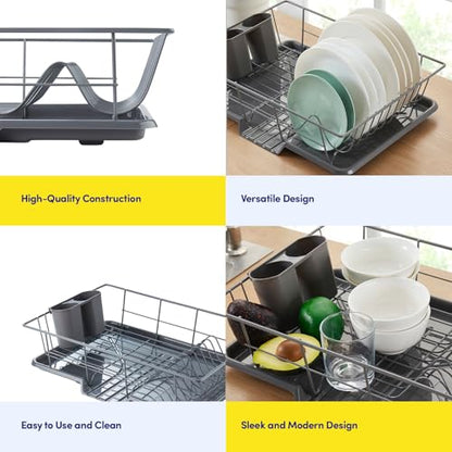 Sweet Home Collection Space-Saving 3-Piece Dish Drainer Rack Set: Efficient Kitchen Organizer for Quick Drying and Storage - Includes Cutlery Holder and Drainboard - Maximize Countertop Space, Gray - color: Gray