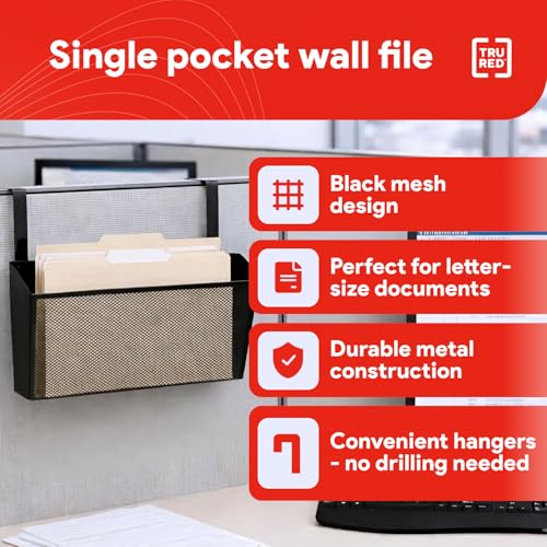Staples TRU RED Mesh Letter Wall File, 1 - Pocket, Black - Wall - Mounted File Organizer for Mail, Documents and Quick - Access Storage - style: 1 Pack