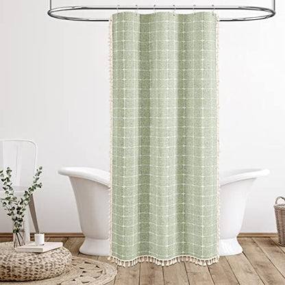 BTTN Boho Shower Stall Curtain - 36x72 Narrow Linen Ultra Thick Tassel Fabric Shower Curtain Set with 6 Plastic Hooks, Half Modern Farmhouse Country Weighted Shower Curtains for Bathroom - Sage Green - color: A - Sage Green, size: 36"W x 72"L (Pack of 1)