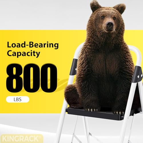 KINGRACK 4 Step Folding Ladder, 800lbs Capacity Step Stool with Safety Lock, Non-Skid Wide Pedals, and Handrail, Lightweight, Household Ladder for Home, Kitchen, Pantry, Closets, and Office Use, White - size: 4-STEP
