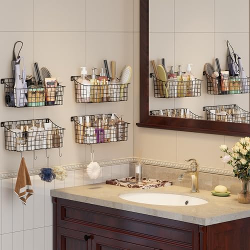 Sonyabecca 6 Pack Hanging Wall Basket for Organizing, Large Wire Basket for Storage Pantry with 5 S Hook+6 Adhesive Hook, Wall Mounted Shelf for Kitchen Bathroom - size: 13"L x 6.3"W x 6.02"H-6Pack