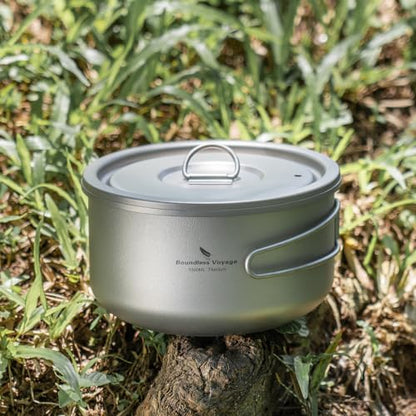 Boundless Voyage Titanium Pot Multifunctional Cooker Ultralight Camping Pot with Handle & Lid Outdoor Open Fire Cookware for Backpacking, Hiking, Bushcraft Cooking Ti2041C