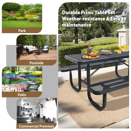 4FT Patio Picnic Table,Heavy-Duty Metal Outdoor Dining Table,Commercial Rectangular Picnic Table Set for Backyard,BBQ and Garden,Black