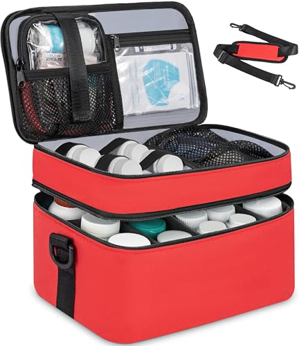2 Layers Medicine Storage Organizer Bag with Portable Pouch, Pill Bottle Organizer Case, Lockable Medicine Travel Case for Pills, Vitamin, Fish Oil. - color: Red
