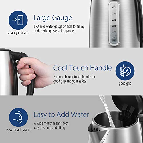 COMFEE' Stainless Steel Electric Kettle, 1.7 Liter Tea Kettle Electric & Hot Water Kettle, 1500W Fast Boil with LED Light, Auto Shut-Off and Boil-Dry Protection (Pack of 6) - color: Stainless Steel, size: 1.8 Quarts (Pack of 6)