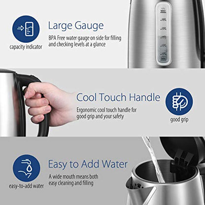COMFEE' Stainless Steel Electric Kettle, 1.7 Liter Tea Kettle Electric & Hot Water Kettle, 1500W Fast Boil with LED Light, Auto Shut-Off and Boil-Dry Protection (Pack of 6) - color: Stainless Steel, size: 1.8 Quarts (Pack of 6)