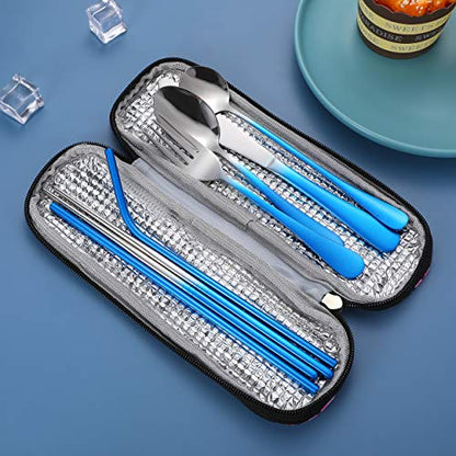 Travel Utensils,Reusable Silverware Set To Go Portable Cutlery Set with a Waterproof Carrying Case for Lunch Boxes Workplace Camping Picnic (GraBlue) - color: Gradient Blue + TeaSpoon