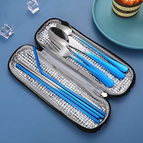Travel Utensils,Reusable Silverware Set To Go Portable Cutlery Set with a Waterproof Carrying Case for Lunch Boxes Workplace Camping Picnic (GraBlue) - color: Gradient Blue + TeaSpoon