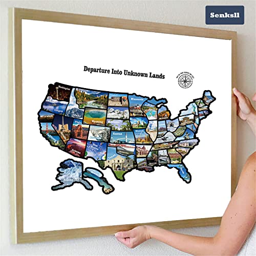 RV State Sticker Travel Map of The United States, Travel Trailer Camper Accessories, 11x17" RV Map Decals for Window Door Wall, 50 State Bumper Stickers with Scenic Illustrations, Great for Kids & Adults - Track Your Travel