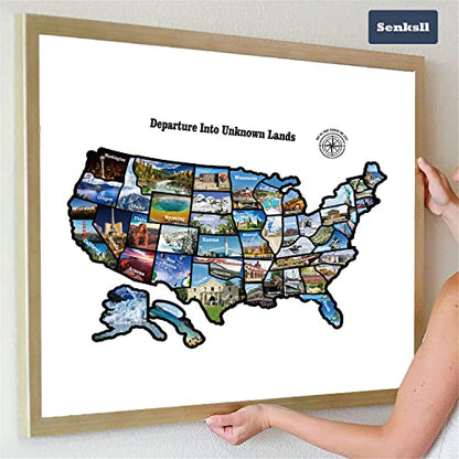 RV State Sticker Travel Map of The United States, Travel Trailer Camper Accessories, 11x17" RV Map Decals for Window Door Wall, 50 State Bumper Stickers with Scenic Illustrations, Great for Kids & Adults - Track Your Travel