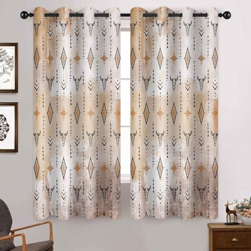 Aztec Blackout Curtains Tribal Western Bull Skull Boho Drapes Rustic Cowboys Native Ethnic Grommets Window Curtain Drapes for Bedroom Kitchen Living Room 2 Panels, 52x63in - color: Orange Black, size: 52"W x 63"L (Pack of 2)