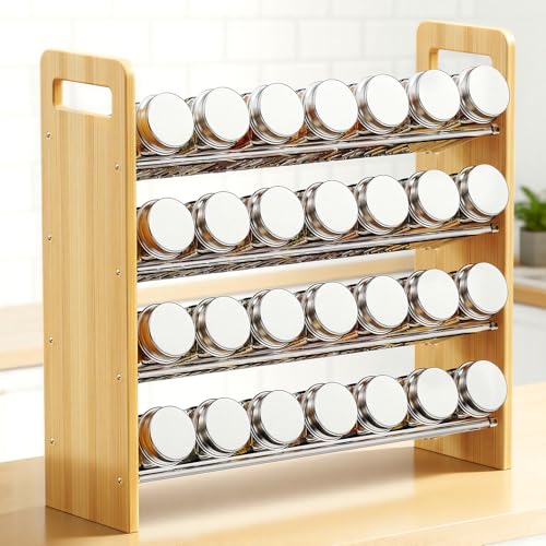 Nieifi Transparent & Wooden Spice Rack Rustproof, without Seasoning Jars,4-Tier ABS Plastic Spice Rack Organizer for Cabinet and Countertop,Thickened Corrosion-Resistant-Tiered Spice Rack - color: Wooden