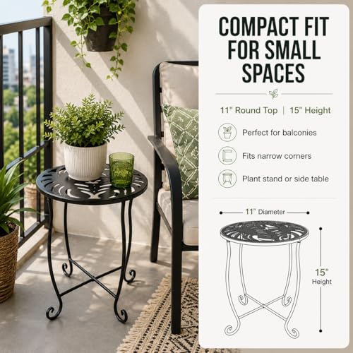Outdoor Side Table 15 Inch Tall, Tool-Free Metal Patio End Table with Monstera Design, Space Saving Round Stand for Porch Balcony Garden (Monstera) - color: Monstera
