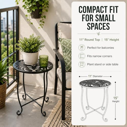 Outdoor Side Table 15 Inch Tall, Tool-Free Metal Patio End Table with Monstera Design, Space Saving Round Stand for Porch Balcony Garden (Monstera) - color: Monstera