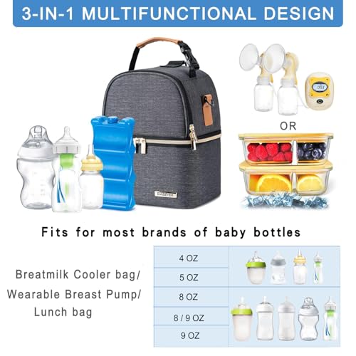 Breastmilk Cooler Bag with Ice Pack Fits 6 Baby Bottles up to 9 Ounce, Breastmilk Pump Cooler Bag with Shoulder Strap for Nursing Mom Daycare, Work, Travel- Grey - color: Dark Grey