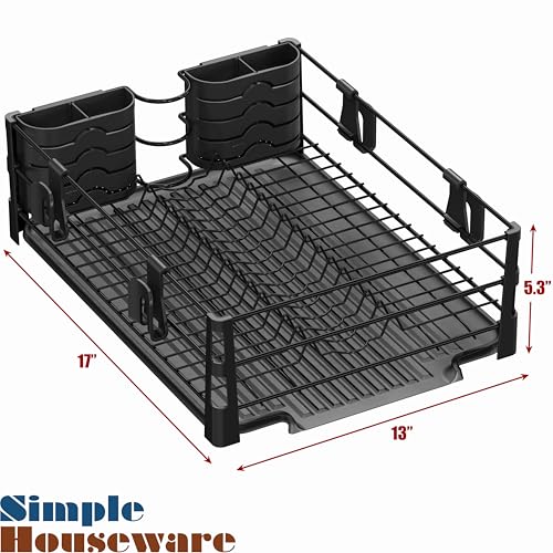 Simple Houseware Dish Drying Rack with Drainboard, Utensil Holder & Mug Hooks, Black Metal Kitchen Counter Organizer - color: Black