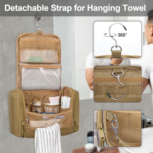 Tactical Toiletry Travel Bag for Men, Hanging Dopp Kit Hygiene Bag Shower Organizer with Hook for Toiletries and Shaving Care, Khaki (Empty Bag) - color: Khaki