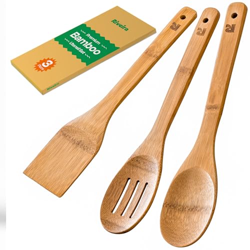 Riveira Dark Bamboo Wooden Spoons for Cooking 3-Piece, Apartment Essentials Wood Spatula Spoon Nonstick Kitchen Utensil Set Premium Quality Housewarming Gifts for Everyday Use - color: Carbonized Bamboo, size: Set of 3