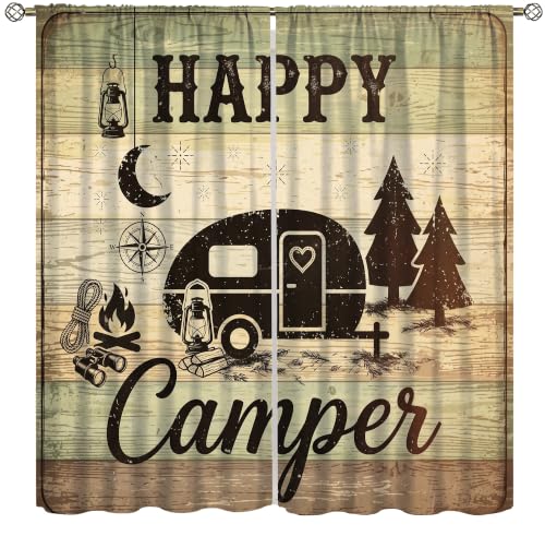 Vintage Farmhouse Happy Camp Curtain for Travel Trailer Camping Moon Pine Tree Compass Lantern Printed Rod Pocket Window Drapes for Bedroom Living Room Decor 42" W X 45" L - color: Camping-21, size: 20.5"W x 45"L (Pack of 2)