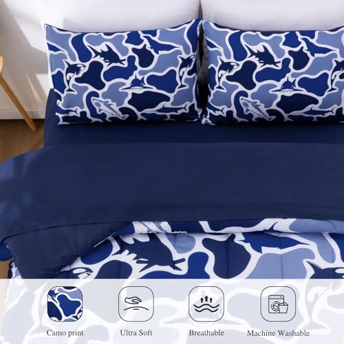 Meeting Story Twin Camo Bedding Set 5 Piece for Boys, Ocean Camo Comforter Set with Shark & Whale, Soft Lightweight All Seasons Kids Bedding Set(Navy,Twin)