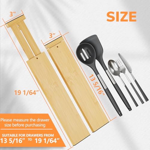 BAMEOS Bamboo Expandable Drawer Dividers – Fits 13.3"–19" Drawers, 3" Deep Walls, Set of 4 | Spring-Loaded Separator for Deep Kitchen & Bathroom Drawers, Prevents Items Falling Over - size: 3''H, 13.3''-19''L