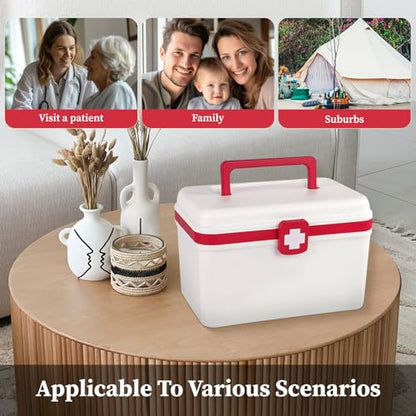 Medical First Aid Box with Handle and Detachable Tray, Double Layer Medicine Storage Case, Multipurpose Emergency Supplies Organizer for Home/Office/Travel/Car/Dorms