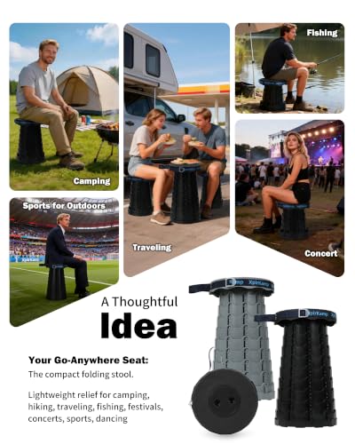 Portable Collapsible Stool Chair, Lightweight Folding Camping Stools for Adults 600LBS, Adjustable Retractable Foldable Seat for Backpack, Travel, Black - color: Dark Black