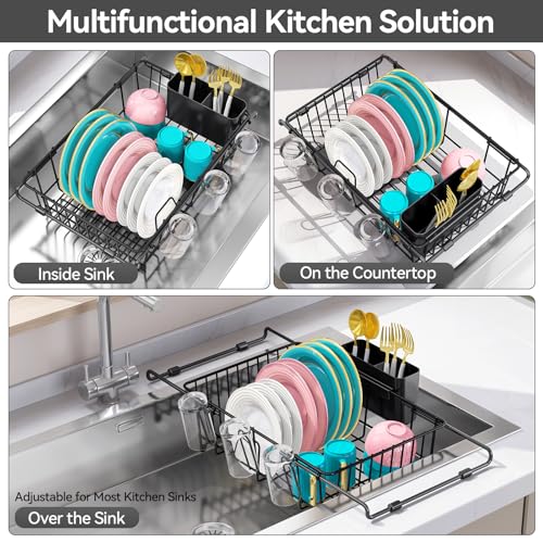 Urackify Dish Drying Rack in Sink, Stainless Steel Expandable Over the Sink Dish Rack with Utensil Holder & Cup Holder, Kitchen Drying Rack for Inside Sink, 15.35" x 11.02" x 4.84", Black - color: Black, size: Expandable - 15.35"~23.23“ x 11.02" x 4.84"