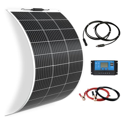 Flexible Solar Panel kit 100W 12V System,Monocrystalline module10A Charge Controller,Extension Cable Off-Grid Charger for RV Boat Van Car Curve Surfaces (White) - color: White