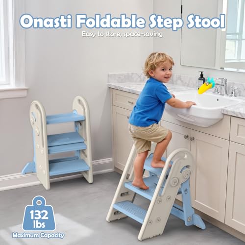 Onasti Toddler Step Stool with Handles, Adjustable Kids Stool Converts from 3-Step to 2-Step, Non-Slip and Anti-Tip Design for Safer Potty Training, Bathroom Sink and Kitchen Counter- Blue - color: Baby Blue