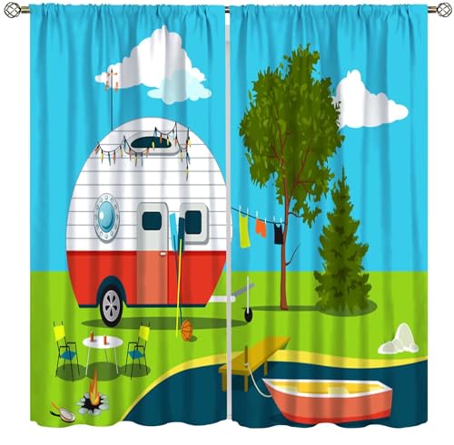 Camper Curtains, Cartoon Fishing Trip Scene Caravan Boat Fire Pit Camping Table Laundry Line Printed Rod Pocket Window Drapes for Kitchen Cafe Bedroom Living Room Decor 42" W X 45" L - color: Camping-10, size: 20.5"W x 45"L (Pack of 2)