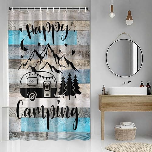 RV Shower Curtain for Bathroom, Happy Camping Shower Curtain Blue Gray Barn Door Bathroom Curtains, Rustic Wood Bathroom Decor Waterproof Travel Camping Bath Curtains with 12 Hooks 47X64 Inch - size: 47"W x 64"L (Pack of 1)