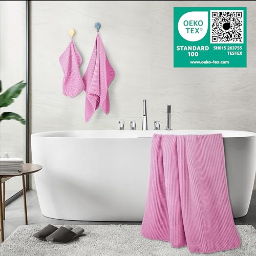 POLYTE 430 GSM Microfiber Quick Dry Lint Free Oversize Bath Towel Set, 6 Piece (Waffle Weave) - color: Pink