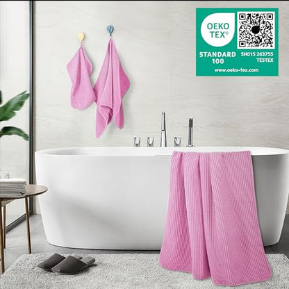 POLYTE 430 GSM Microfiber Quick Dry Lint Free Oversize Bath Towel Set, 6 Piece (Waffle Weave) - color: Pink