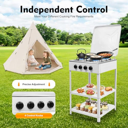 4 Burner Gas Stove Set with Support Leg Stand, Portable Natural Gas Stove with 4 Burners, Camping Cookware Set for Outdoor Cooking Camping (Without connecting hose) (White)