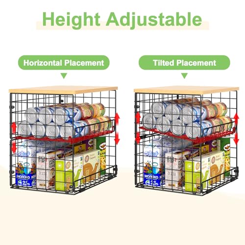 4 Pack Stackable Wire Baskets for Pantry Organizers and Storage, Pantry Baskets with Fixed Wooden Top, Fruit and Vegetable Storage Bins for Organizing Onion Potato Snack for Kitchen Cabinet/Countertop