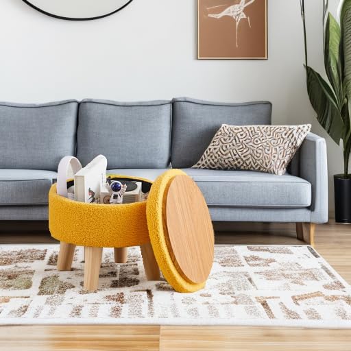 Wimarsbon Storage Ottoman, Modern Round Footrest with Soft Padded Seat, Teddy Velvet Footstool with Wood Legs, Accent Small Table or Plant Stand for Hallway, Living Room (Brilliant Yellow) - color: Brilliant Yellow