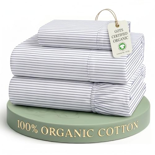 LANE LINEN Twin Sheet Set 100% Organic Cotton Cooling Soft - Ticking Stripe | 100% Organic Cotton Percale Twin Sheet Set - Affordable Organic Luxury, Honest-Price Organic Quality, For Hot Sleepers - color: Ticking Stripe-cobalt Blue, size: Twin