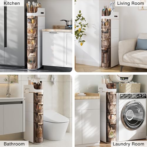 VECELO 4-Tier Slim Bathroom Storage Cabinet with Wheels, Skinny Bathroom Storage Cabinet with Drawers, Toilet Paper Holder, Movable Narrow Floor Cabinet for Small Space, Bathroom - size: 16.14" x 6.69" x 34.84"