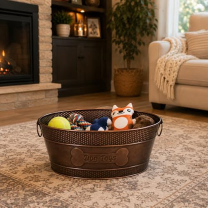 BREKX Indestructible Metal Dog Toy Bin - Copper Galvanized Storage Bin with Handles, Pet Storage Organizer - Ropes, Blankets, & Leashes, Bone Design Pet Toy Box (15-Quart) - color: Antique Copper