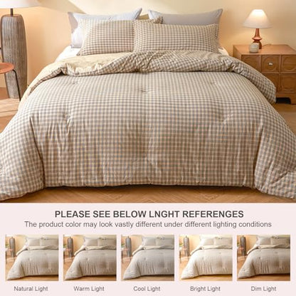 100% Cotton Comforter Set Full Size – Reversible Yarn-Dyed Checkered Design, Soft Washed Cotton on Both Sides, Lightweight All-Season Bedding, Machine Washable(Beige Plaid, 80”x90”) - color: Beige, size: Full(80"x90")
