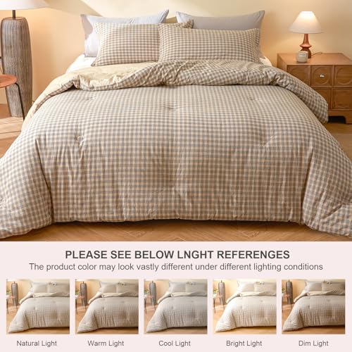 100% Cotton Comforter Set Twin Size – Reversible Yarn-Dyed Checkered Design, Soft Washed Cotton on Both Sides, Lightweight All-Season Bedding, Machine Washable(Beige Plaid, 68”x90”) - color: Beige, size: Twin(68"x90")