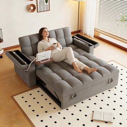 65" Foldable RV Love Seat Sofa, Modern Velvet Pull Out Couch with Table Board and UAB, Convertible Love Seat Sofa Bed with Adjustable Back and Pillow for Living Room, Small Spaces(Dark Gray, 2 Seat) - color: Dark Gray, size: 2 Seat
